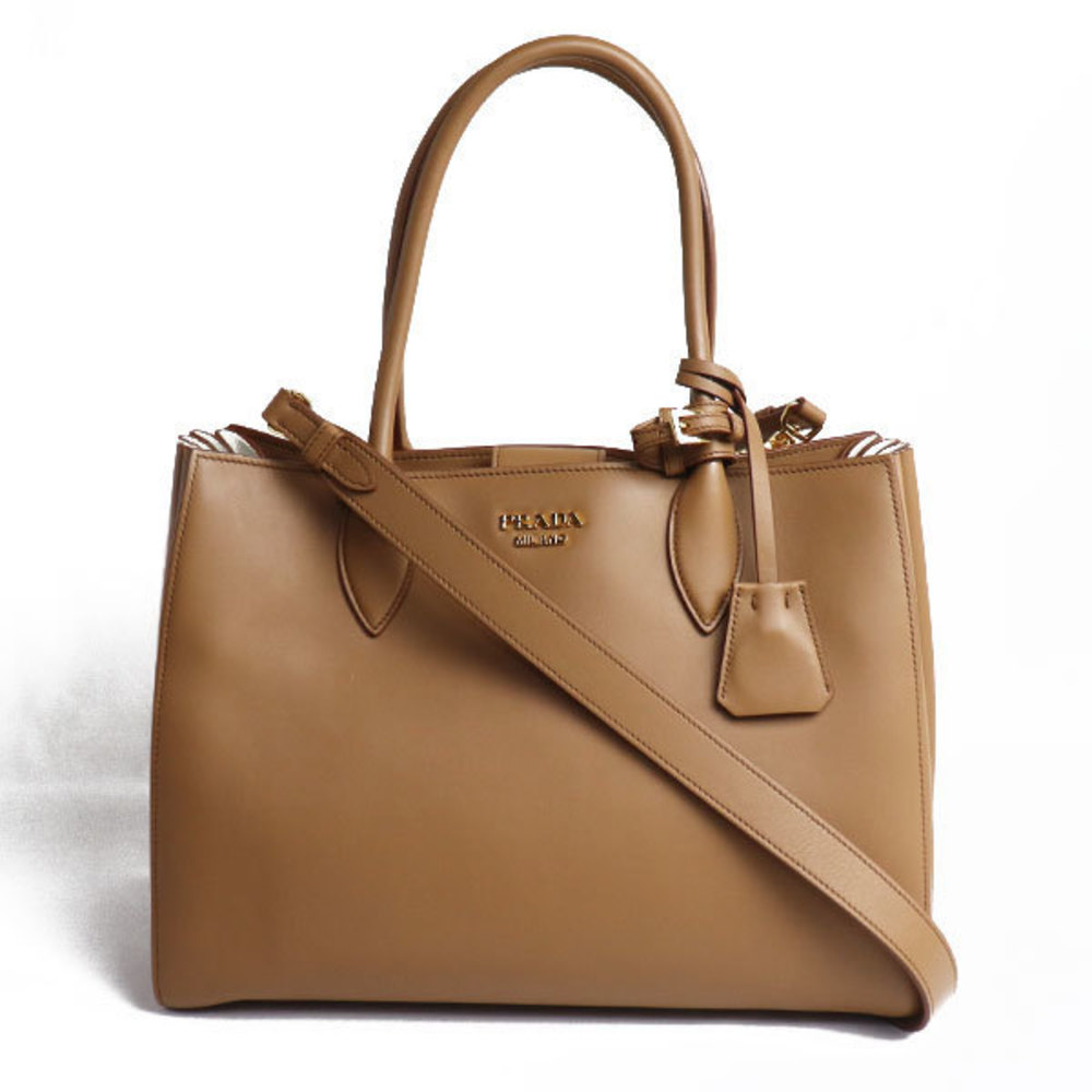 Prada Bibliotheque Bicolor 2way Shoulder Bag Leather Camel White